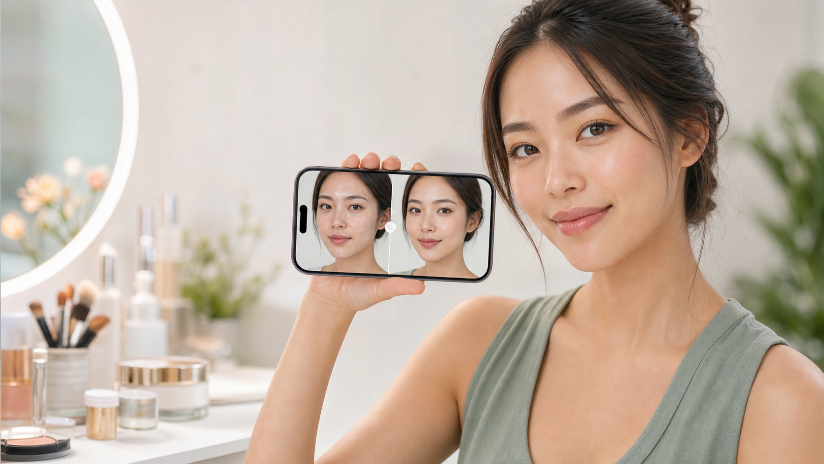 亞洲使用者用手機查看 AI 美顏前後對比